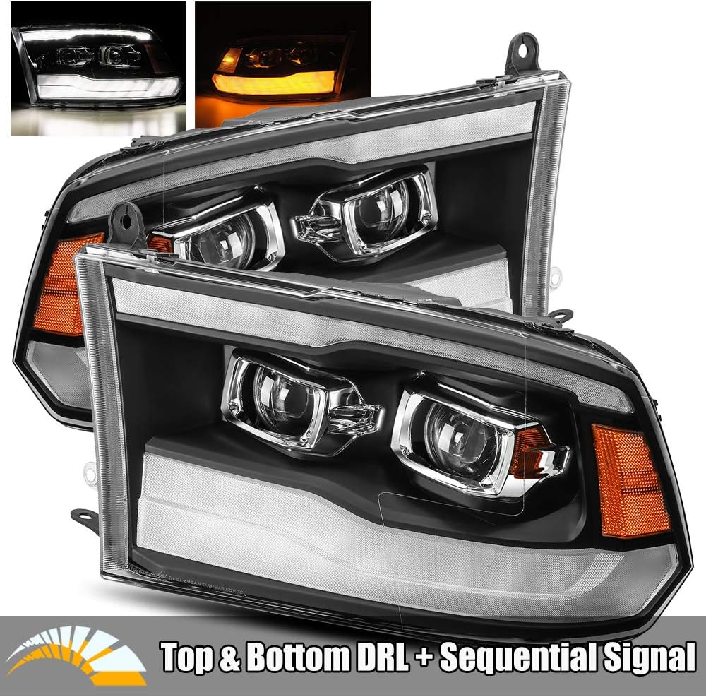 AlphaRex PRO-Series Black For 13-18 Ram 1500/2500/3500 Factory Projector Top and Bottom DRL/Switchback Sequential Signal Dual Projector Headlights