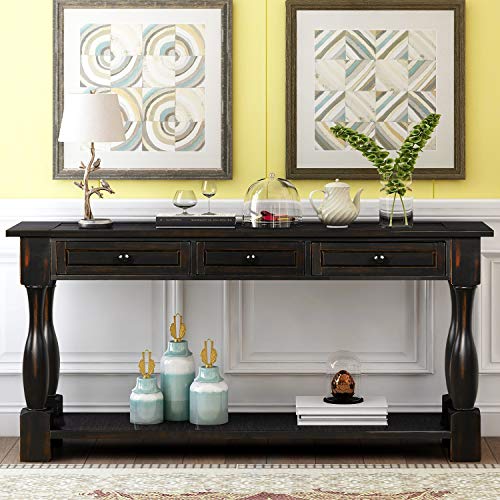 Solid Wood 64" Long Console Table with 3 Drawers and Bottom Shelf, Sofa Couch Table Entryway Table Side Table for Entryway, Hallway, Living Room, Bedroom