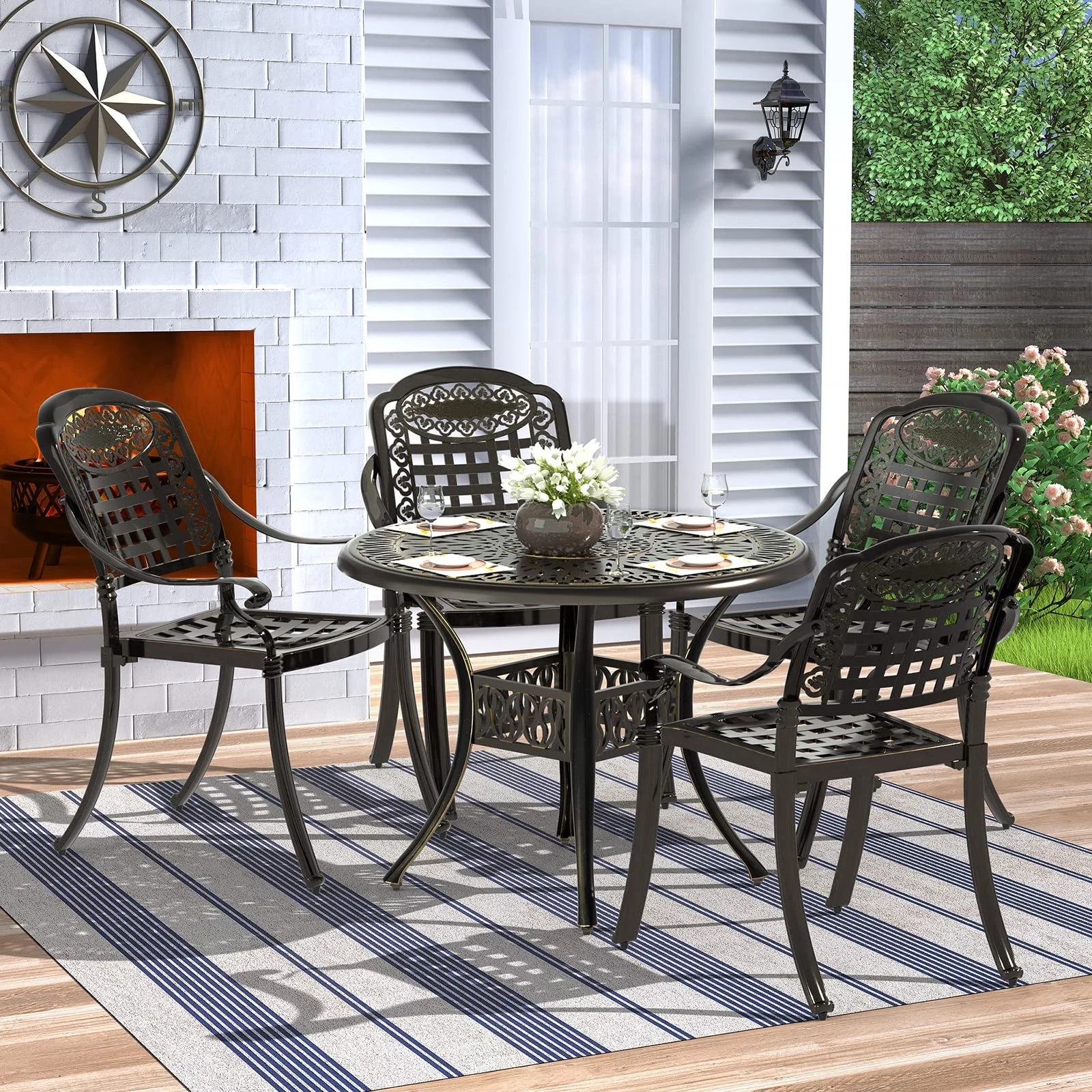 MEETWARM 5 Piece Patio Dining Set, Outdoor All-Weather Cast Aluminum Dining Table Set, Patio Furniture Set for Backyard Garden Deck, Include 4 Chairs and a 35.4" Round Table with Umbrella Hole