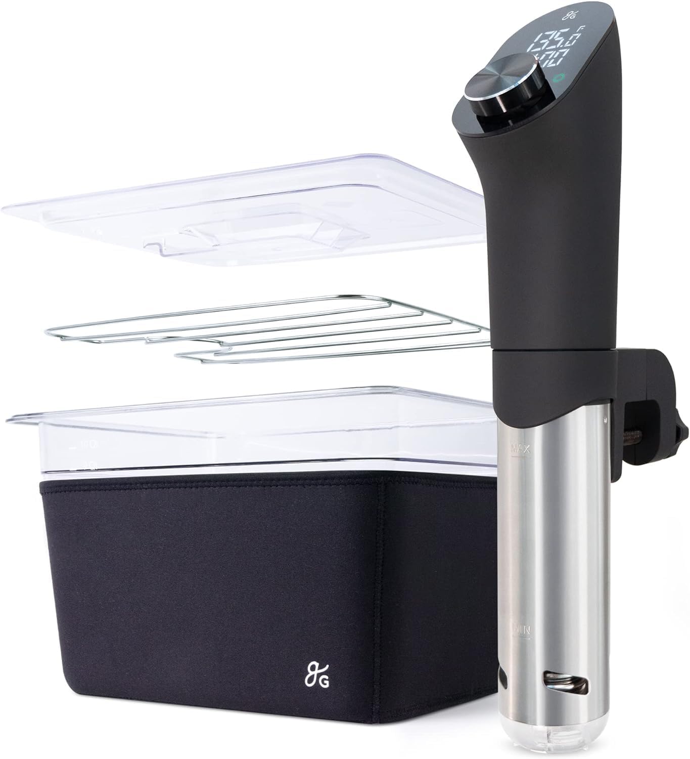 YINCHEN Pro Sous Vide Kit - An 1100 Watt, Powerful, Precise Sous Vide Cooker and Premium, Plastic Container with Sous Vide Rack, Lid, and Neoprene Sleeve | Designed in St. Louis