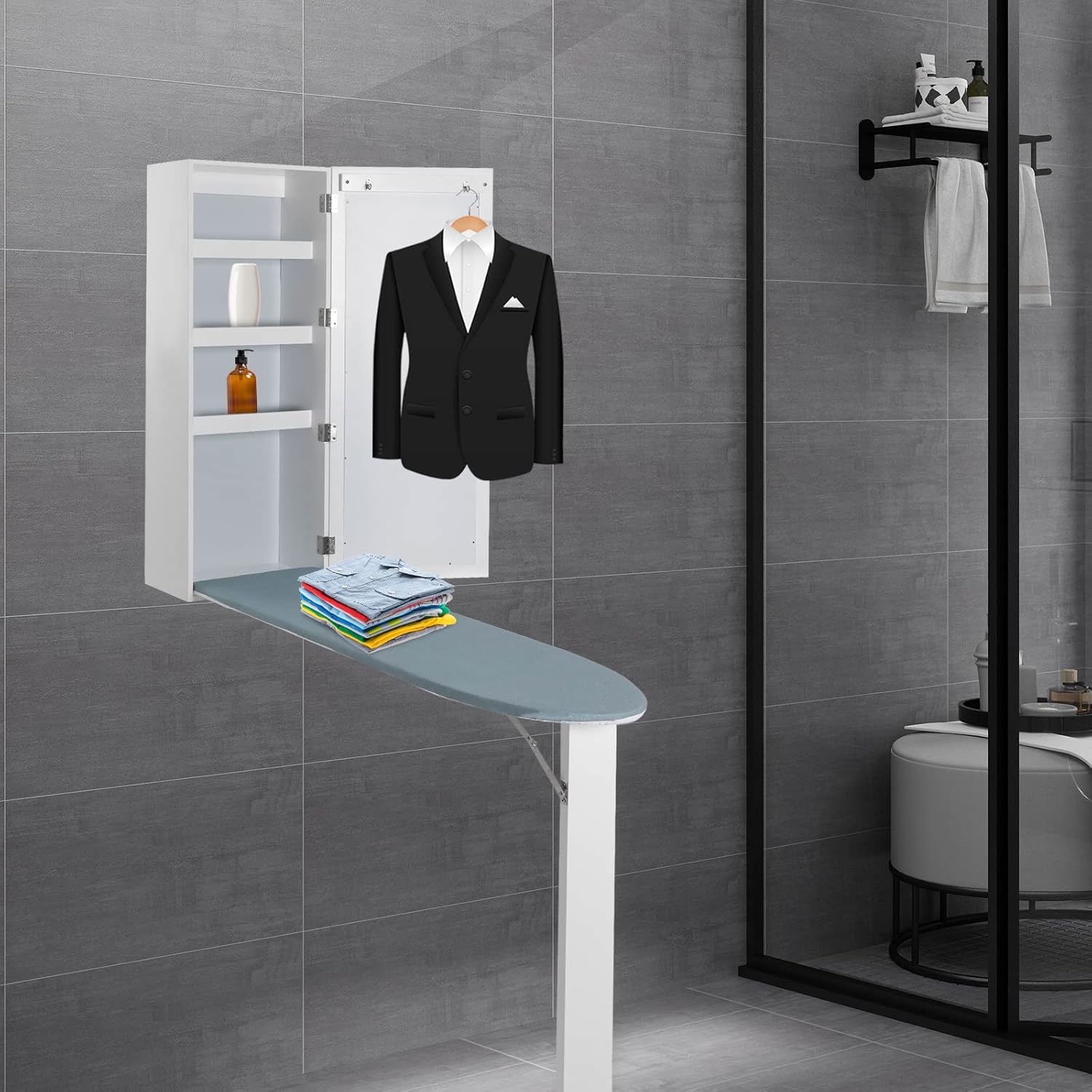 Wall-Mounted Ironing Board Cabinet with Mirror, Built-in Swivel Ironing Board Foldable Ironing Storage Station for Home, Apartment, White
