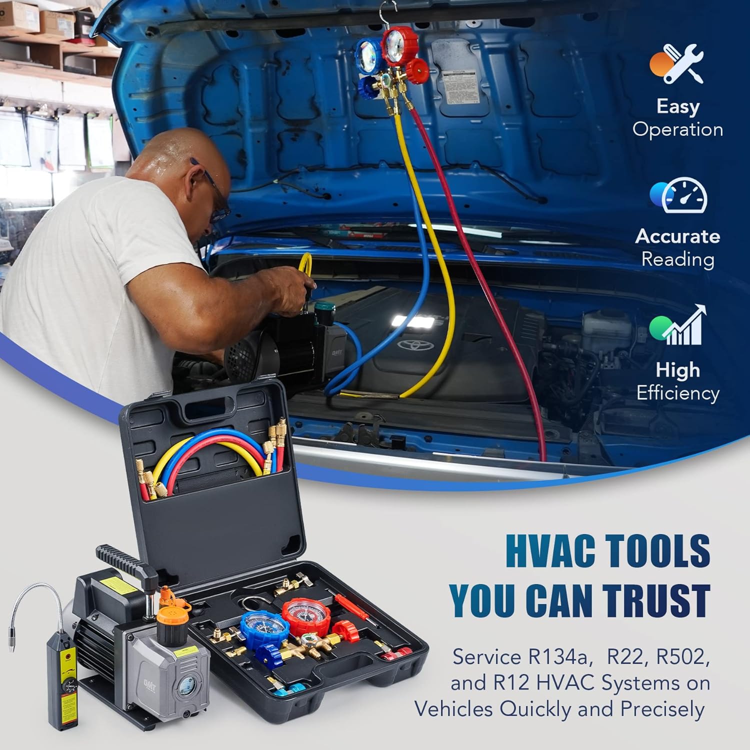 AC Vacuum Pump and Gauge Set, with 4CFM Vacuum Pump, Leak Detector, 3 Hoses, Quick Couplers, Puncture and self-sealing can taps, AC Gauges and Vacuum Pump Kit for R134a, R12, R22, R502 Refrigerant