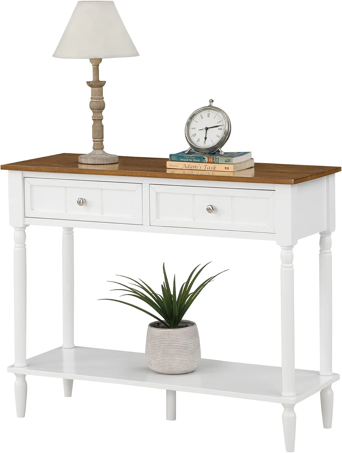 French Country 2 Drawer Hall Table With Shelf, Driftwood/White