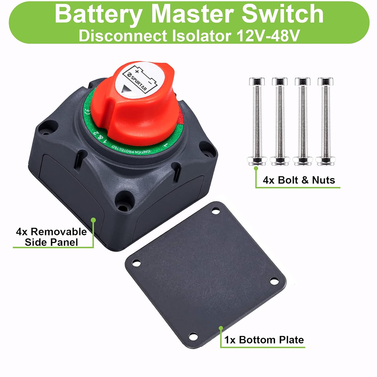 Spurtar Battery Disconnect Switch 1-2-Both-Off, DC 12V-48V Master Marine Battery Switch Power Cut Off for Marine Boat Car ATV RV Vehicle, Waterproof Battery Isolator Heavy Duty