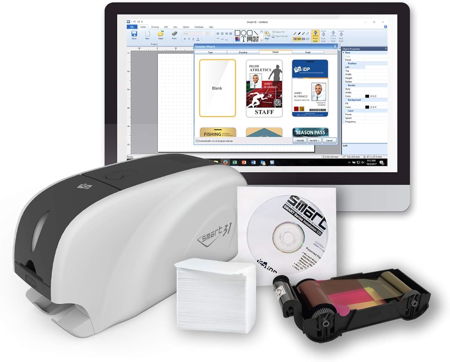 IDP SMART-21 Series ID Card Simplex Starter Printer Bundle with Software, Manual and Guides - Includes 100-Print YMCKO Color Ribbon, 100 PVC Plastic Cards and a USB Camera