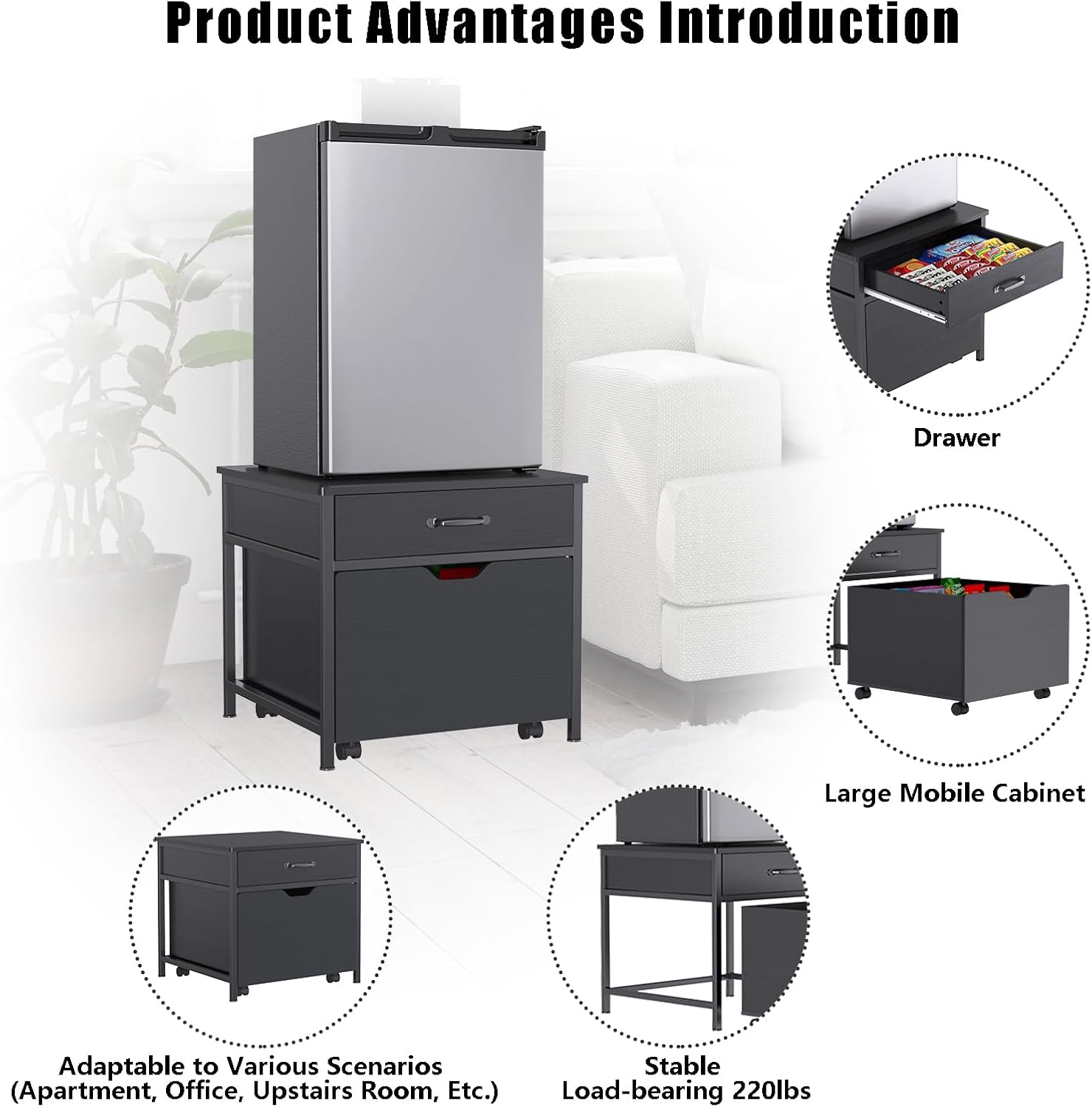 GDLF Mini Fridge Stand with Storage, Heavy Duty Mini Fridge Table with Rolling Cabinet 220LBS Capacity Tabletop for Dorm, Apartment,Office, Bedroom