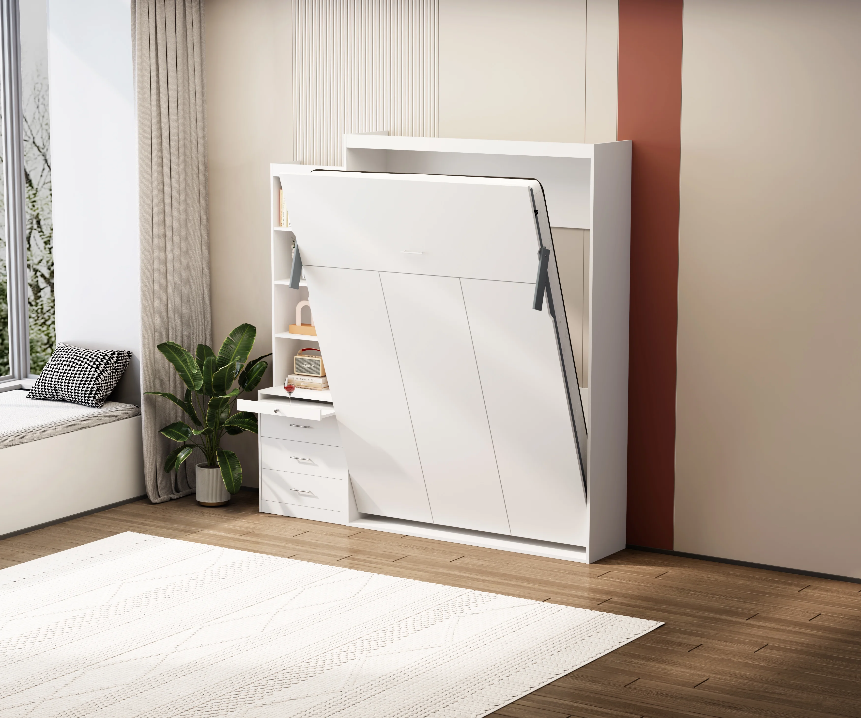 Full Size Vertical Murphy Bed with Shelf and Drawers for Bedroom or Guest room White Wall Bed Space Saving Hidden Bed Gas Struts (White)