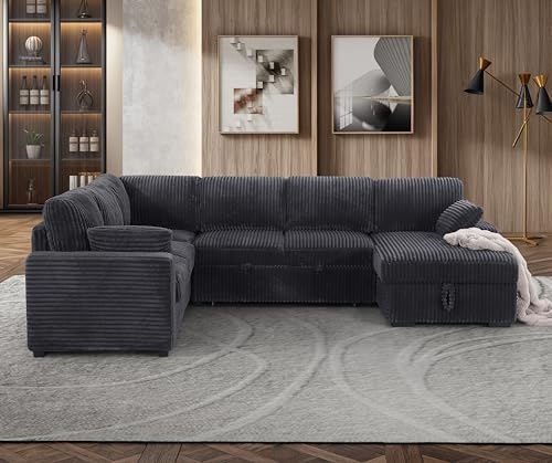Oversized U-Shaped Sectional Sofa Couch Plush Corduroy Upholstered Modular Deep Seat Sofa&Couch Sectional W/Right Facing Chaise Lounge and 7 Toss Pillows for Home Apartment Living Room Furniture Sets