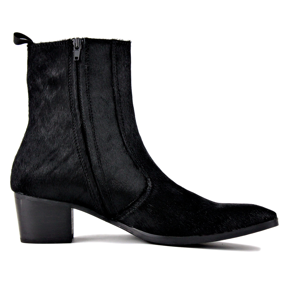 OSSTONE Dress Boots Chelsea Pony Hair Boots for Men Zipper-up Leather Casual Heel Shoes JY021-Black-7 Black