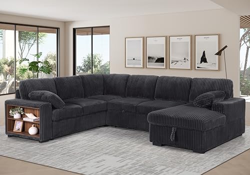 Oversized U-Shaped Sectional Sofa Couch Plush Corduroy Upholstered Modular Deep Seat Sofa&Couch Sectional W/Right Facing Chaise Lounge and 7 Toss Pillows for Home Apartment Living Room Furniture Sets