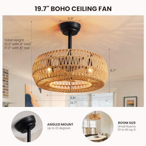 20" Farmhouse Caged Ceiling Fan with Lights Remote Control, Cage Low Profile Bladeless Ceiling Fan, Boho Ceiling Fans with Light for Kitchen, Bedroom, Dining Room