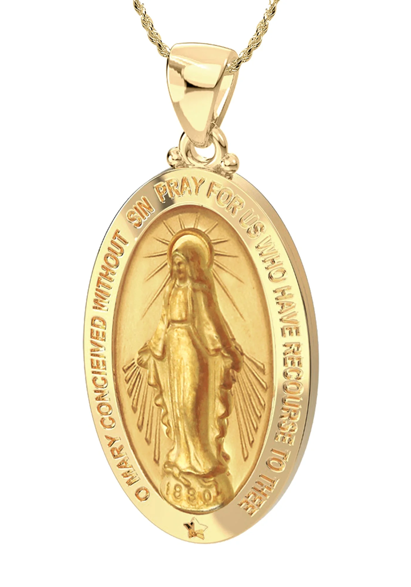 Ladies 14K Yellow Gold Miraculous Virgin Mary Hollow Oval Polished Pendant Necklace, 26mm