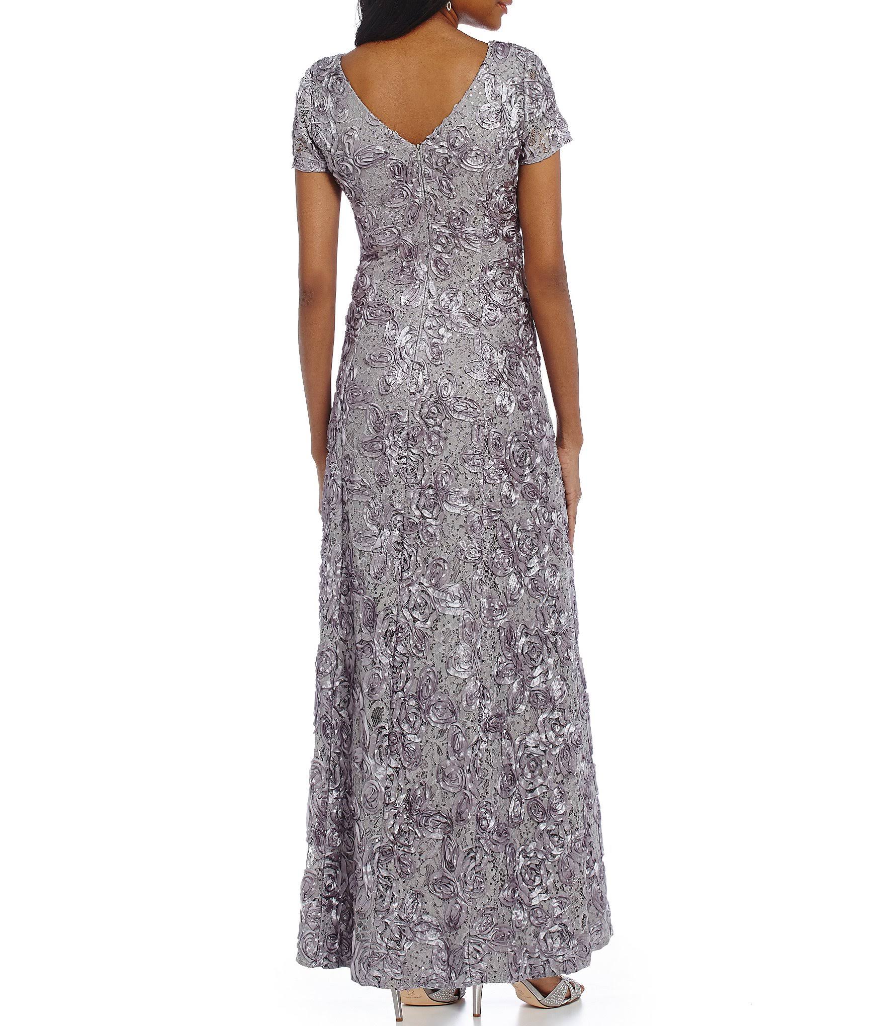 Alex Evenings Petite Rosette Lace A-Line Gown - Navy