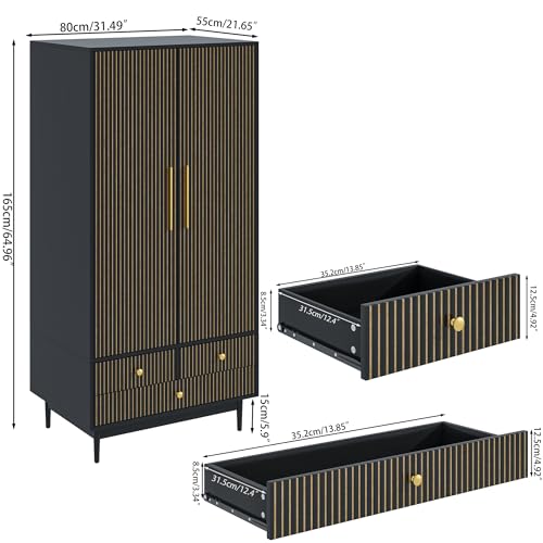 Armoire Wardrobe Closet with 2 Fluted Doors,64.96" Wooden Clothes Storage Cabinet with Hanging Rod and Shelf Storage,Wardrobe Cabinet with 3 Drawers,Freestanding Closet for Bedroom,White