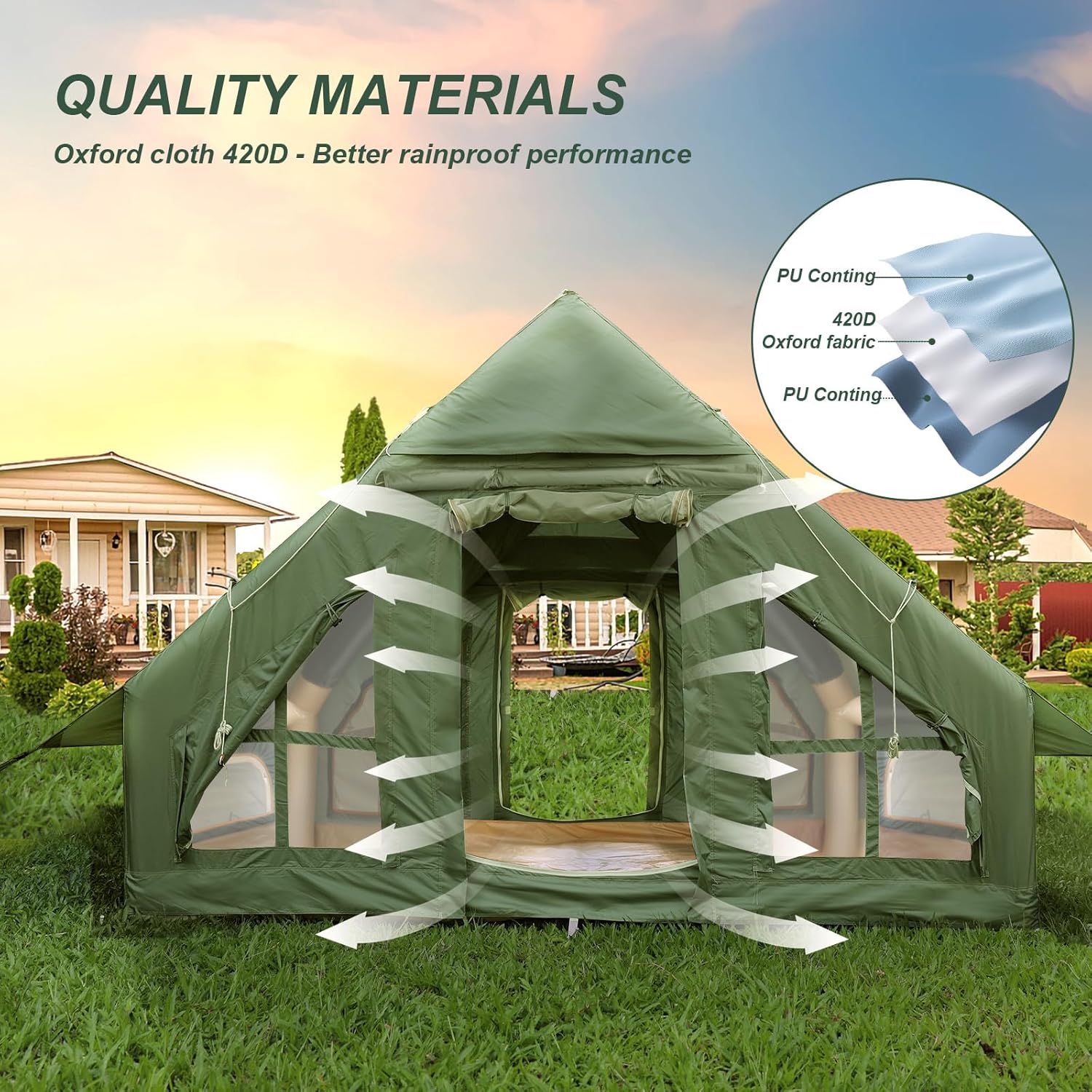 Inflatable Camping Tent with Pump and Stove Jack, 4-6 Person Inflatable Tent for Camping, Easy Setup Waterproof Inflatable House Tent with Mosquito Screen