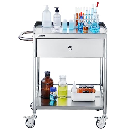 VEVOR Shelf Stainless Steel Utility Cart Catering Cart with Wheels Medical Dental Lab Cart Rolling Cart Commercial Wheel Dolly Restaurant Dinging Utility Services (2 Shelves/ 1 Drawer)