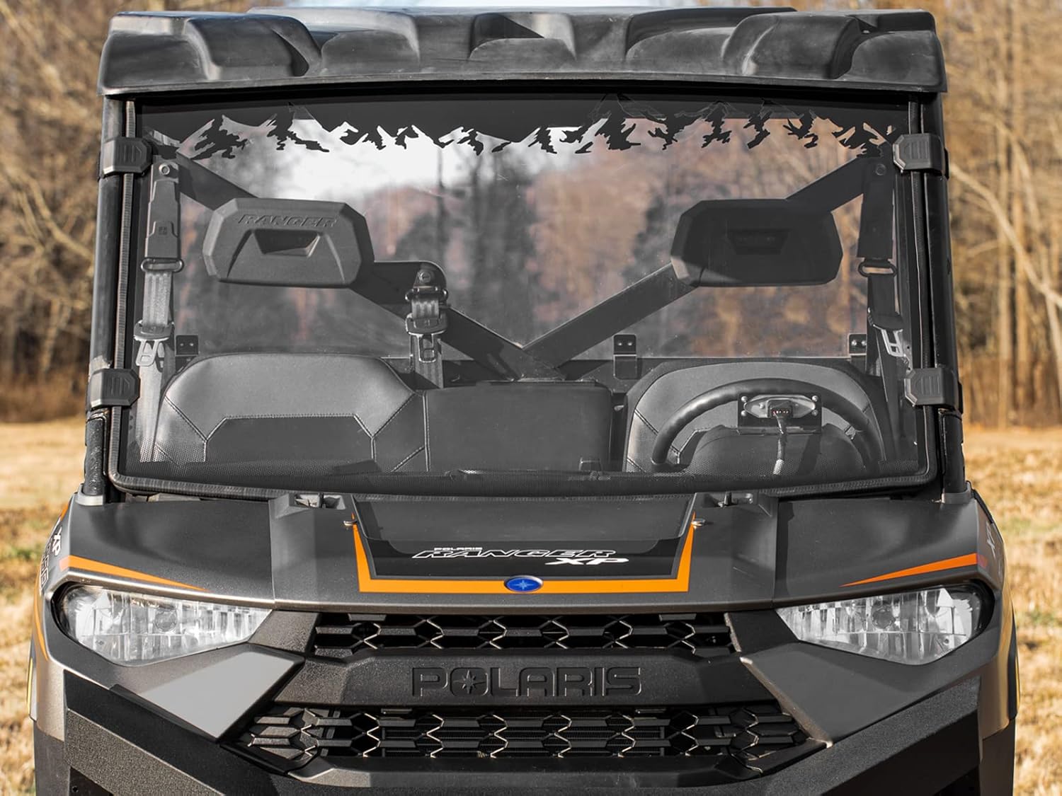 SuperATV Clear Scratch Resistant Full Windshield for Polaris Ranger XP 1000 / Crew (See Fitment) | 1/4 Polycarbonate | Protects Against Debris and Elements | Mountains Windshield Print | USA Made!