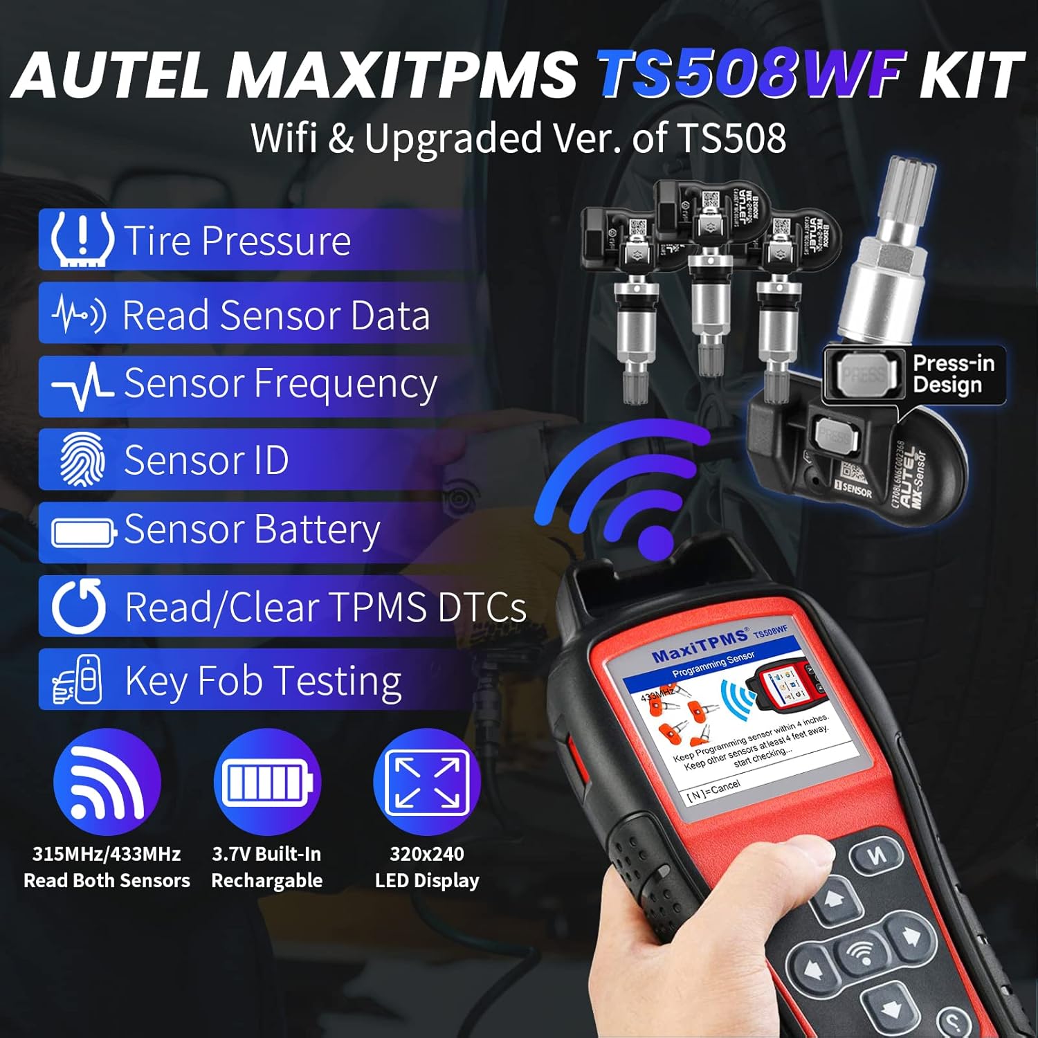 Autel MaxiTPMS TS508WF Kit TPMS Tool, 2024 Newest TPMS Relearn Tool with 4PCS 315+433MHz Sensors, Updated of Autel TS408/TS508, Top TPMS Scanner for TPMS Reset/Activation/Program, Program MX-Sensors