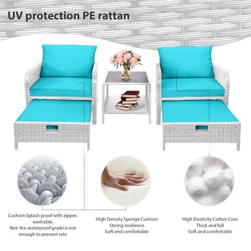 LEVELEVE Balcony Furniture 5 Piece Patio Conversation Set, PE Wicker Rattan Outdoor Lounge Chairs with Soft Cushions 2 Ottoman&Glass Table for Porch, Lawn-Brown Wicker