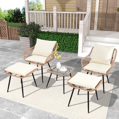 3 Pieces Patio Bistro Set, Outdoor Wicker Table and Chairs Set of 2, Rattan Balcony Furniture Set with Cushions for Front Porch Apartment Backyard Deck,Beige