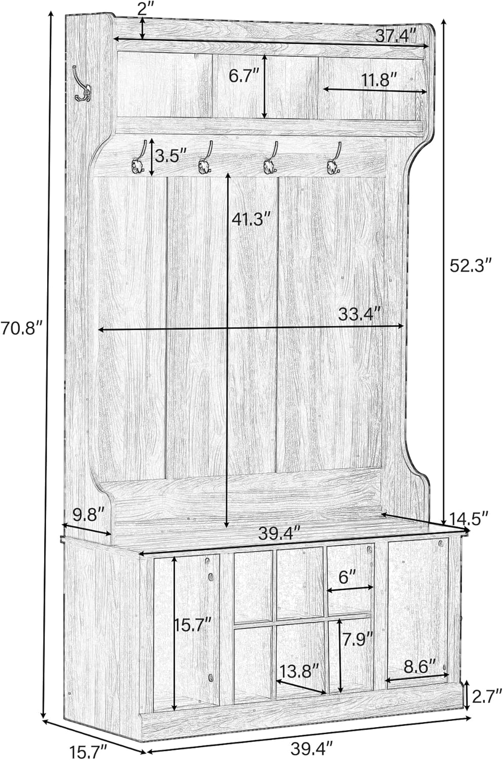 Hall Tree, Entryway Bench with Coat Rack and Shoe Cabinet, 3-in-1 Design with Coat Rack and 6 Hooks for Entryway, Hallway, White