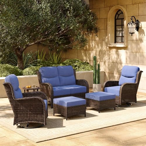 Luxury Patio Furniture Set with 6-inch Thick Cushion, Outdoor Couch and High Back Swivel Rocker Patio Chairs, 7PCS Wicker Conversation Set for Deck, Yard, and Poolside in Blue (V2)