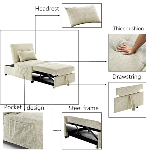 Sofa Bed Chair Sleeper, Modern 4-in-1 Convertible Sleeper Chair Bed,Breathable Fabric Sleeper Ottoman Bed for Bedroom Living Room Apartment Small Space. (Beige)