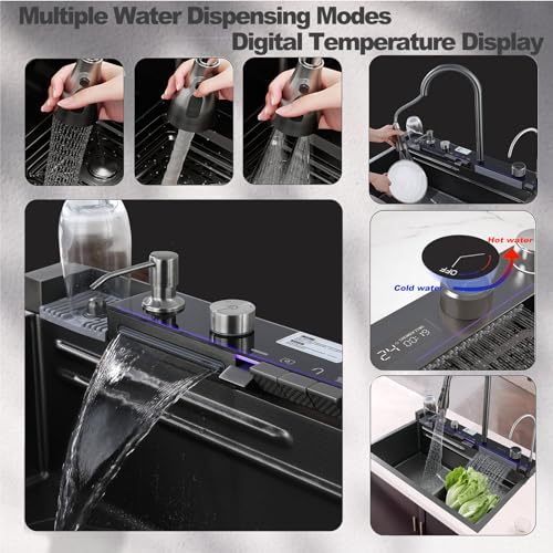 Kitchen Sink with Dual Waterfall Outlets,Digital Kitchen Sink with Cup Washer,Smart Sink with Pull-Out Faucet,304 Stainless Steel Kitchen Sink,Nano Kitchen Sink with All Accessories