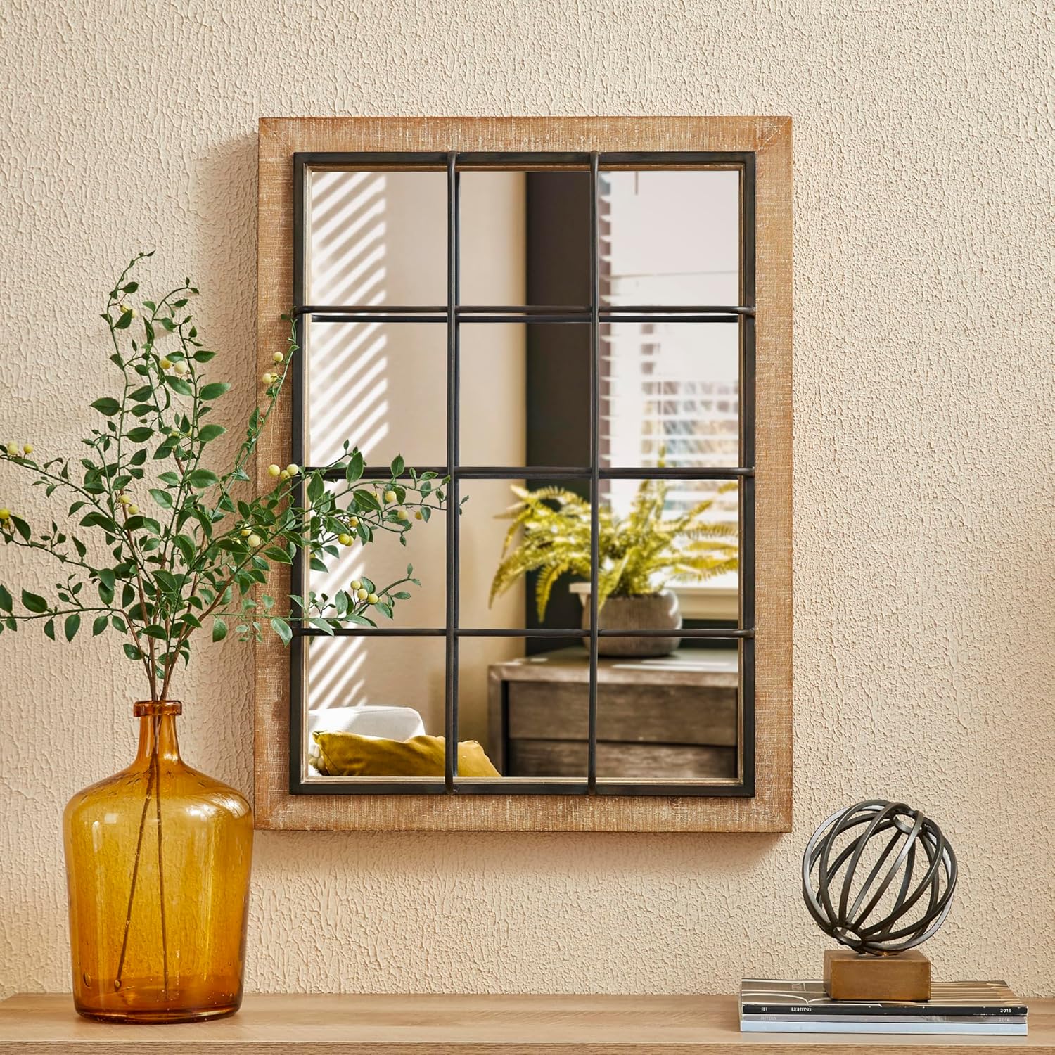 Glitzhome Windowpane Wall Mirror - 24'' x 32'' Farmhouse Decorative Wall Mirror, Hanging Rectangle Wood&Metal Frame Wall Decor Accent Mirror for Bathroom Vanity, Bedroom, Entryway, Fireplace Christmas