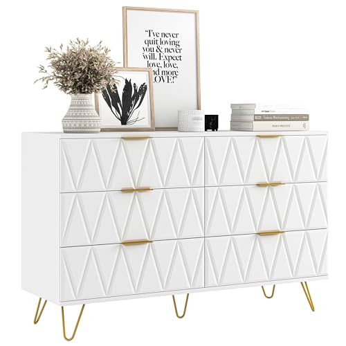 Vibe & Dine White 6 Drawer Dresser for Bedroom, Modern Double Dresser with Gold Handles and Legs, Wood Chest of Drawers with Wide Storage for Closet, Living Room, Hallway