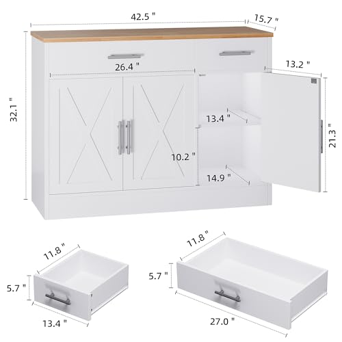 Shintenchi Modern Farmhouse Sideboard Buffet Cabinet with Storage with 3 Doors,42" Barn Doors Buffet Cabinet with Storage, Wood Coffee Bar Cabinet with Adjustable Shelf for Kitchen Living Room,White
