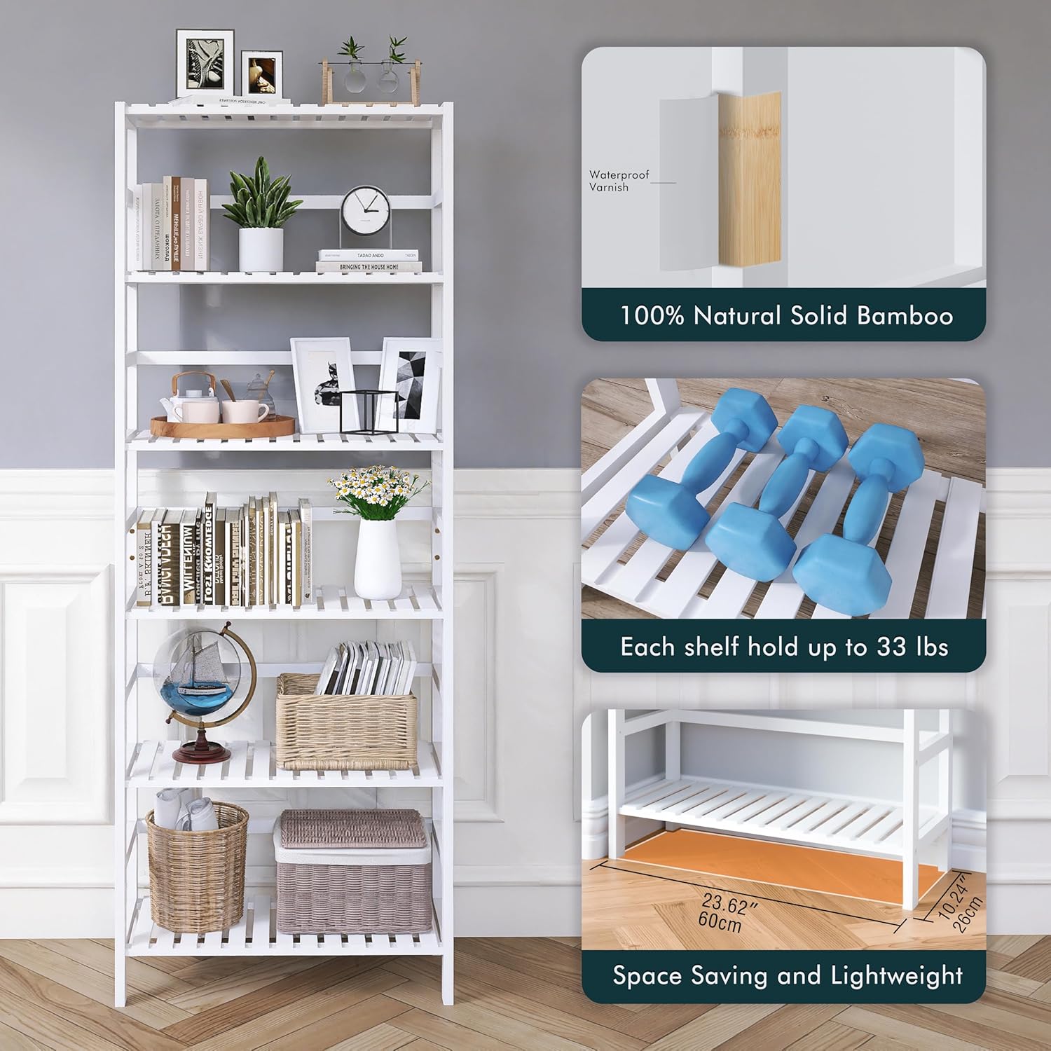 Bamboo Bookshelf Wall Cabinet Small Floor Cabinet Freestanding, Bathroom Storage Organizere with Adjustable Shelves and 4 Hanging Hooks, White