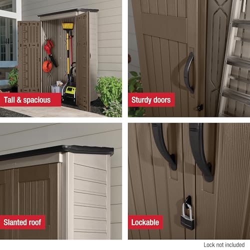 Rubbermaid Vertical Resin Outdoor Storage Shed With Floor (4 x 2.5 Ft) Weather Resistant Beige/Brown Organization for Home/Backyard/Pool Chemicals/Toys/Garden Tools/Porch/Patio Cushions