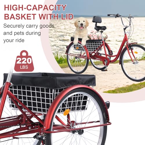 Versatile 24/26-Inch 3-Wheel Adult Tricycle with 7-Speed Gearing and Spacious Basket for Comfortable Riding and Storage for Recreation, Shopping, Picnics