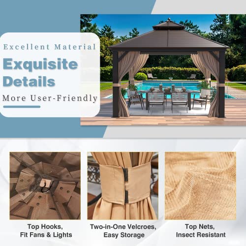 MELLCOM 12'x16' Hardtop Gazebo, Galvanized Steel Metal Double Roof Canopy with Curtains and Netting, Brown Permanent Pavilion Gazebos with Aluminum Frame for Garden, Patio, Lawns, Deck