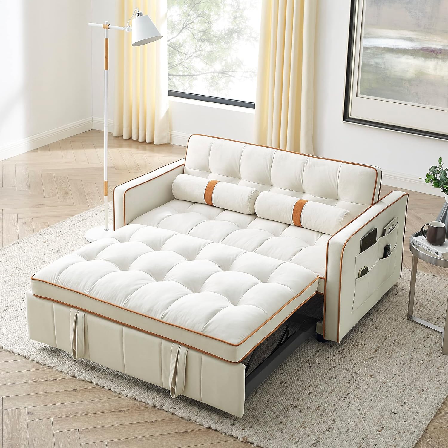 Quarte 55.5" Pull Out Sleep Sofa Bed, Modern 2 Seater Loveseats Sofa Couch with Adjsutable Backrest, Side Pockets & Lumbar Pillows, Convertible Sleeper Sofa Bed for Living Room (Beige/Loveseats)