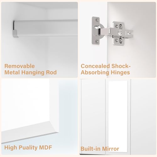 Wakefit Armoire Wardrobe Closet, 4 Doors Wooden Wardrobe Closet Cabinet with Mirro, Bedroom Armoires with Hanging Rod Shelf Freestanding Wardrobe Cabinet for Bedroom, Guest Room, White