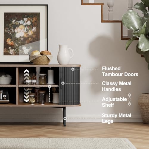 47''W Black Cabinet with Storage, Media Console, Tambour TV Stand, Television Stands with Curvy Edge & Sliding Door, Fluted Cabinet, Buffet Sideboard, Credenza, Table Stand for Living Room, Kitchen