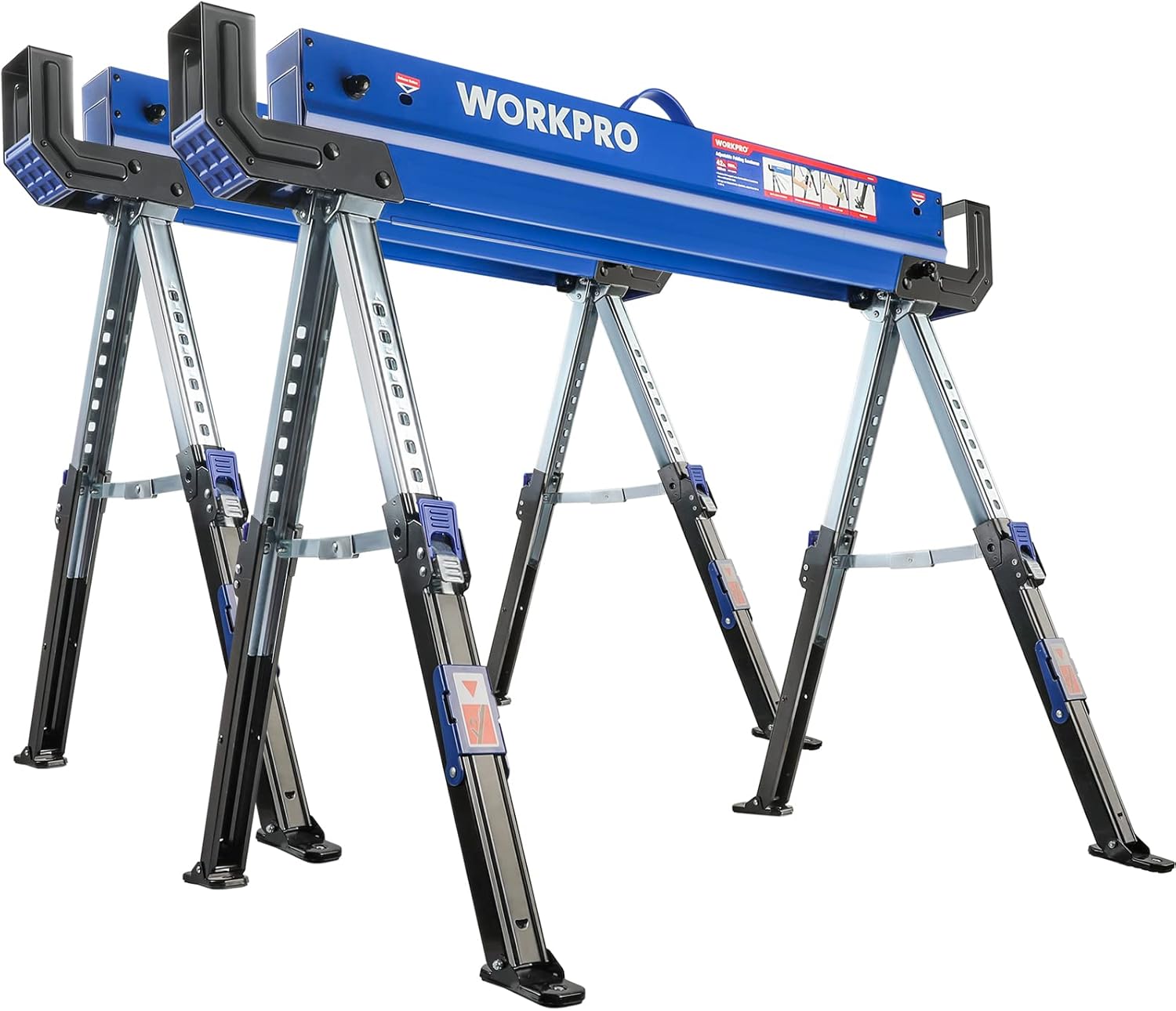 WORKPRO Folding Sawhorse, 2-Pack Adjustable Heavy Duty Saw horse with 2x4 Support Arms, 3000 lbs Load Capacity, 24-32 inch Height Adjustable Legs, Pivoting Feet & Support Pegs