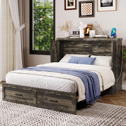 Bellemave Queen Murphy Bed, Cabinet Bed with Charging Station and Storage, Farmhouse Murphy Cabinet with Foldable Panel, Noisy Free, for Guest Bedroom, Living Room, Office, Rustic Gray
