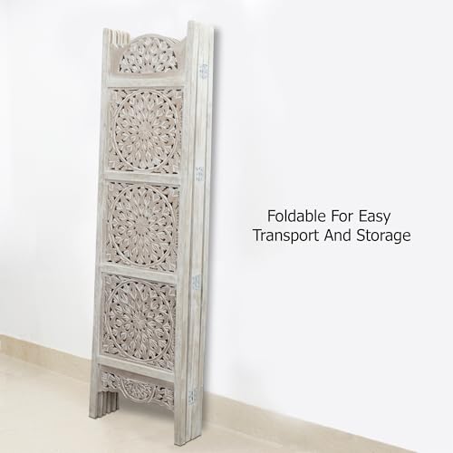 Room Divider Wood Screen - Ghanti Bells Antique Brown - 4 Panel Folding 72 x 80 - Assembled Hand Carved Decorative Functional Versatile Portable Partition Reversible Privacy Boho - COTTON CRAFT