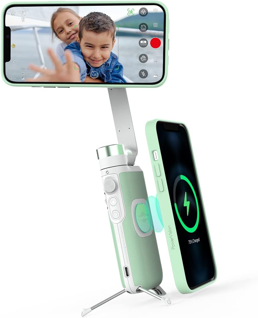 PowerVision S1, The Smallest Smartphone Gimbal, 3-Axis Phone Stabilizer with Built-in Tripod, Wireless Powerbank, and AI Tracking of Motion and Faces, for Vlogging or TikTok (Explorer Kit, Black)