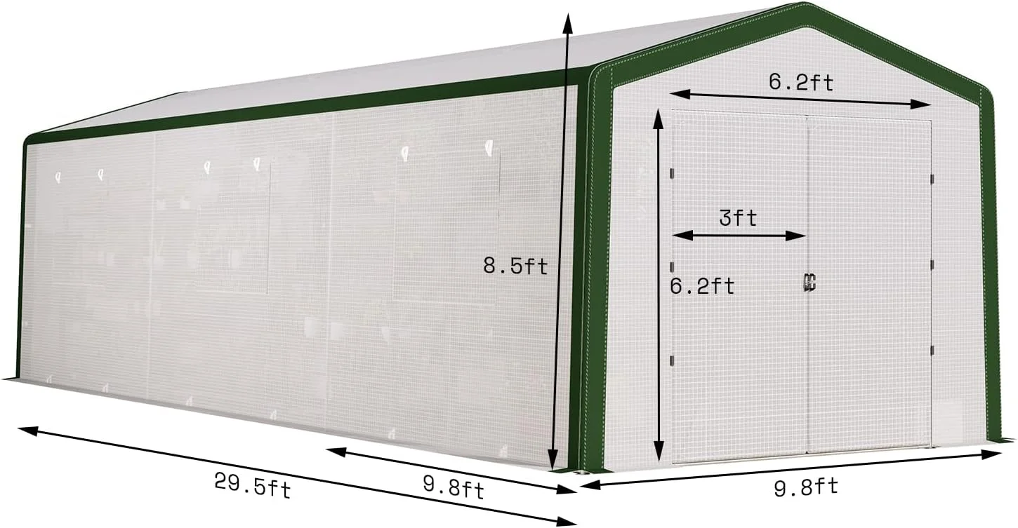 AMERLIFE 30x10x8.5ft Large Tunnel Greenhouse for Outdoors with Hinged Door 6 Vents White/Green