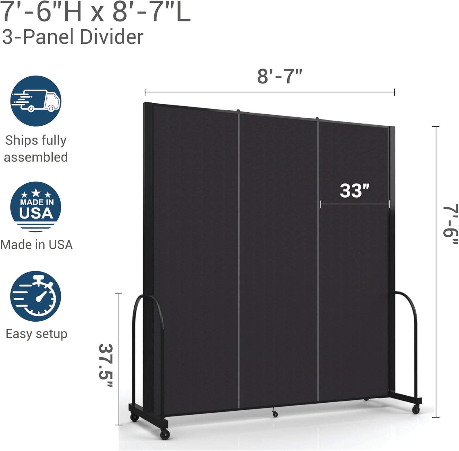 Standard Room Divider with Metal Frame, Folding Portable Partition Privacy Walls for Schools and Offices 7'6" Tall x 8'7" Wide Navy