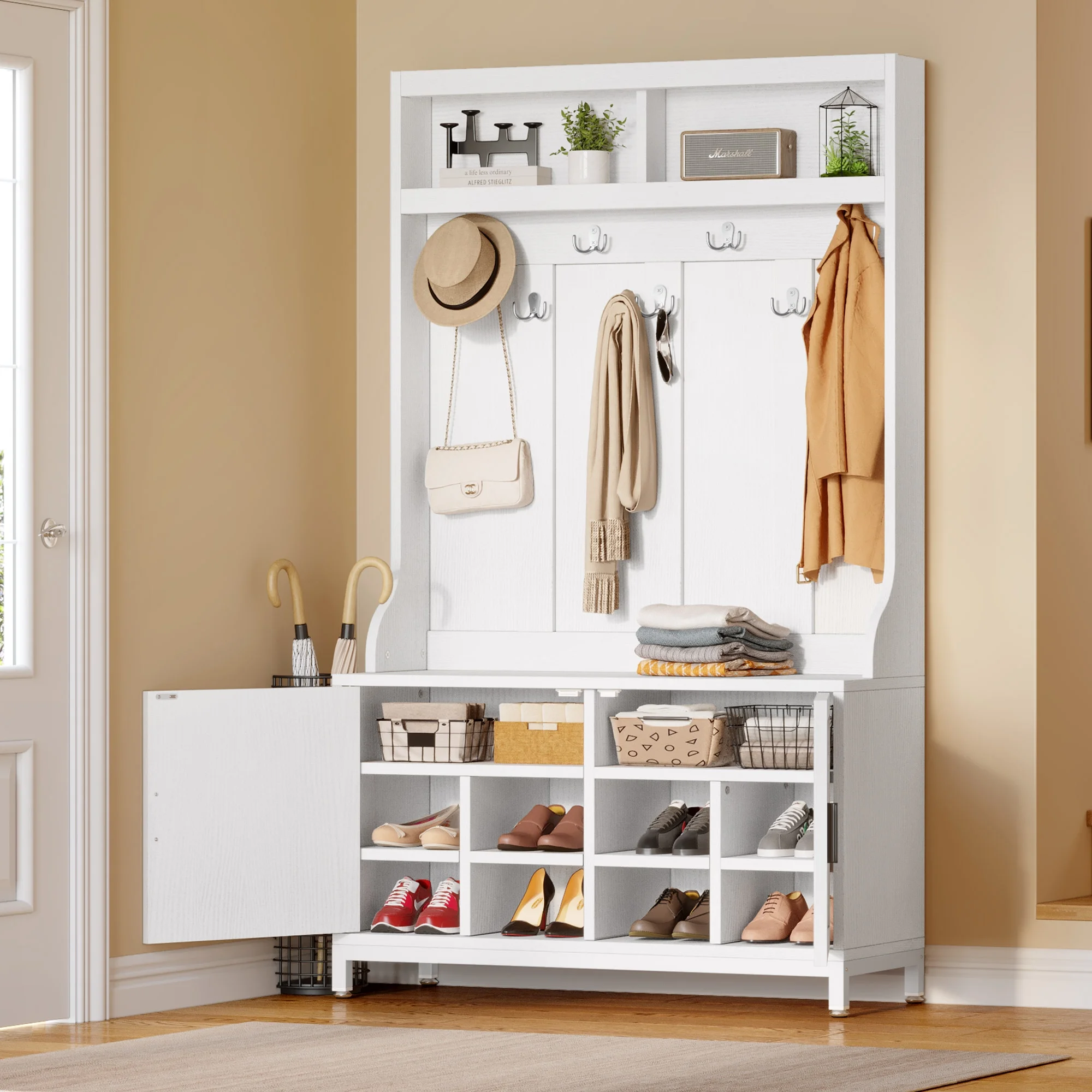 Dextrus Farmhouse Coat Rack with 14 Hooks, 4-in-1 Hall Tree with Storage Bench, Coat Hanger, Shoe Cabinet for Hallway, Living Room, White