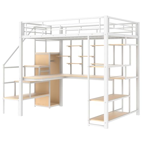 Full Size Metal Loft Bed with Storage Staircase and Small Wardrobe, Built-in Desk and Storage Shelves loft bed with desk and storage (Black)