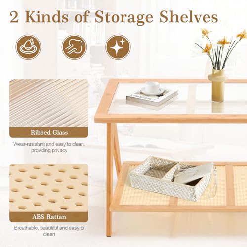 2-Tier Rattan Glass Coffee Table, Boho Bamboo Coffee Table with Glass Top & ABS Rattan Storage Shelf, Mid Century Modern Center Rectangle Coffee Table for Living Room, Small Space, Natural