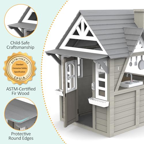 Kids Playhouse Outdoor,Wooden Play House Playset for Kids, Large, Sturdy, Realistic Design with Kitchen, Doorbell, Flower Pot, Stove, Sink & Clock, Perfect for Kid Ages 3-8 (Gray)