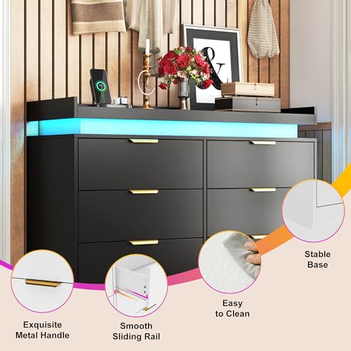 White Dresser with LED Lights, Wooden LED Dresser, 4 Drawer Chest with Charging Station, Tall Chest of Drawer Closet Organizer for Bedroom, Living Room, Entryway, Hallway