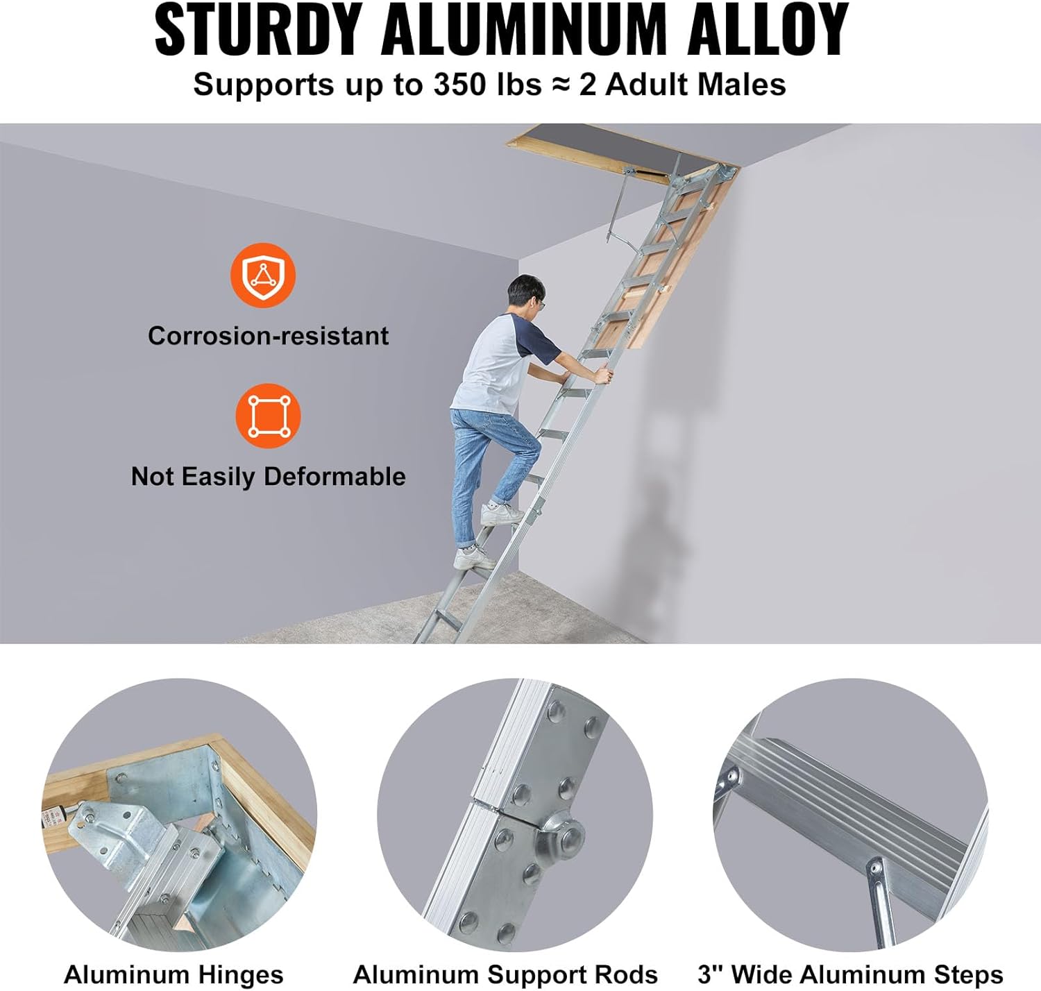 VEVOR Attic Ladder Foldable, 350-pound Capacity, 22.5" x 63", Multi-Purpose Aluminium Extension, Lightweight and Portable, Fits 9.5'-12' Ceiling Heights, Convenient Access to Your Attic Standard